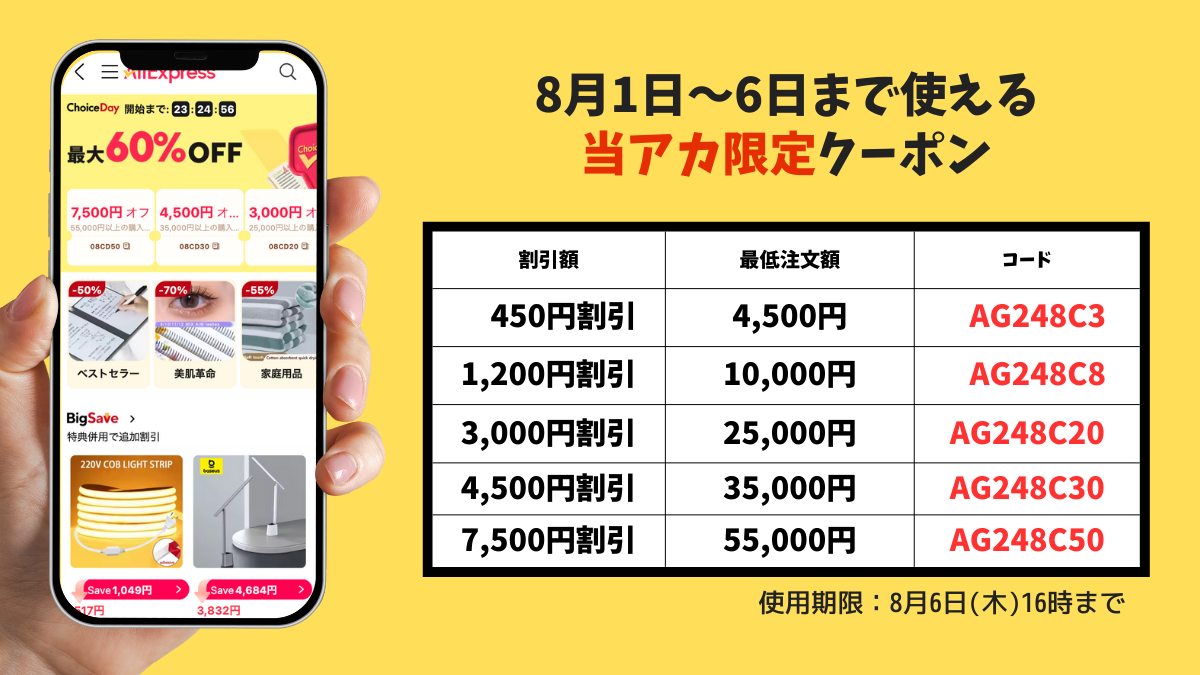 AliExpress_アリエクスプレス_アリエク_Choice Day_Choiceデー_2024年8月セール_プロモコード_割引クーポン_当サイト限定クーポン